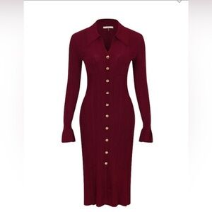 NWOT Long-Sleeve Ribbed Button-Down Maxi Dress in Berry